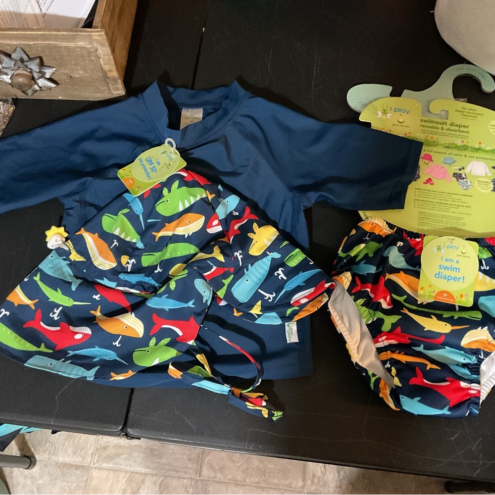 Navy Kids Swim Rash Guard Set with Colorful Sea Creatures